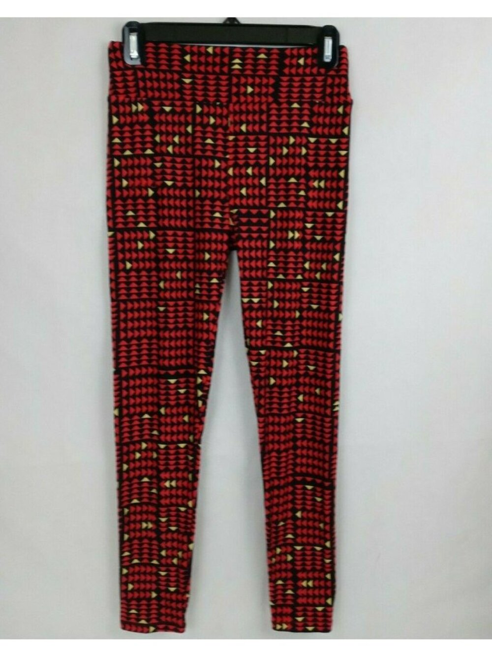 New LuLaRoe One Size Leggings Black With Red & Yellow Triangles Design